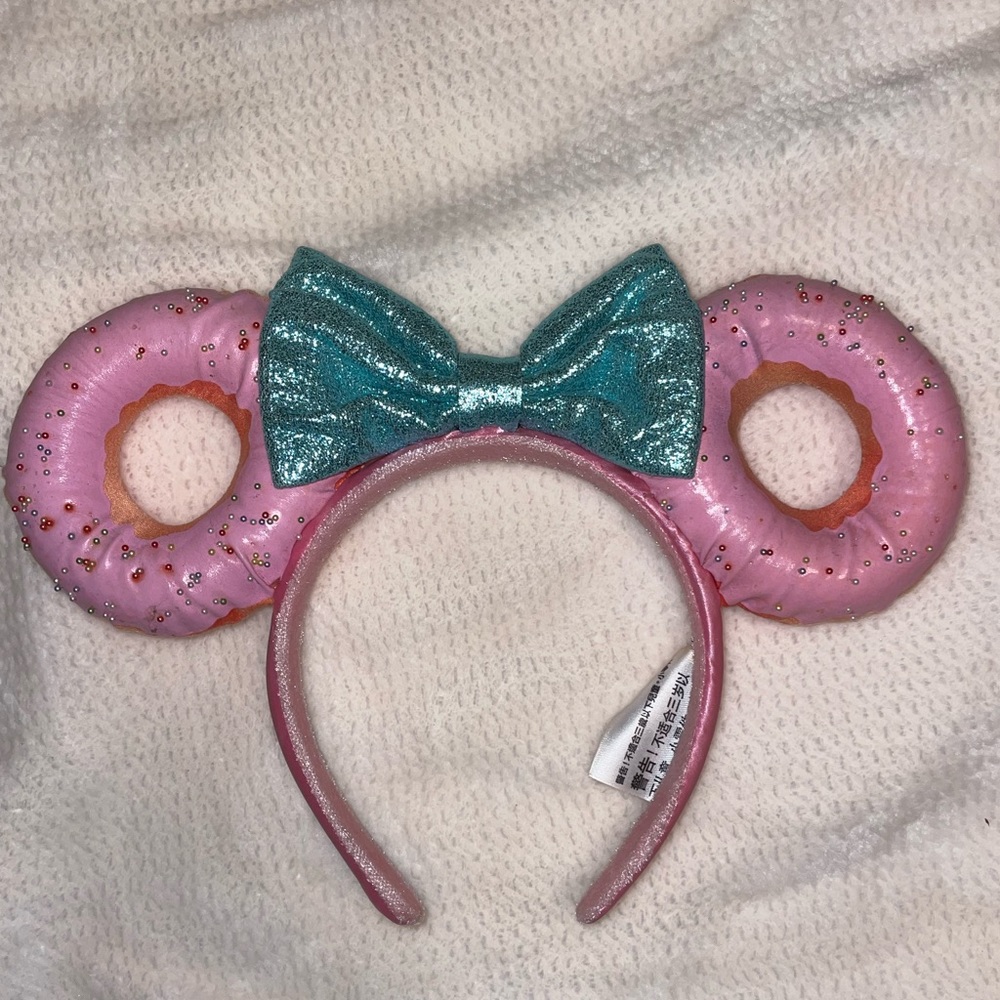 Disney Mickey/Minnie ears, pink donuts, sprinkles, blue bow